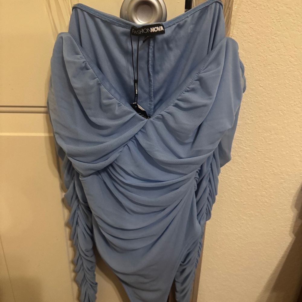 Blue Ruched Bodysuit, Chiffon Long Sleeve Top, Fitted Blouse